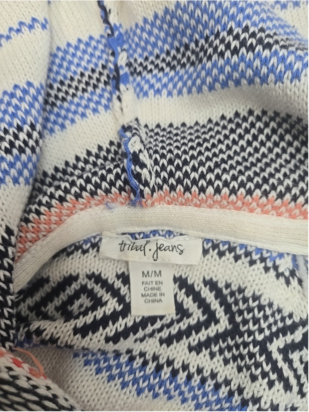 Tribal Jeans Hoodie Pullover Medium Multi Stripe Cotton Kangaroo Pocket Beach - Picture 3 of 8